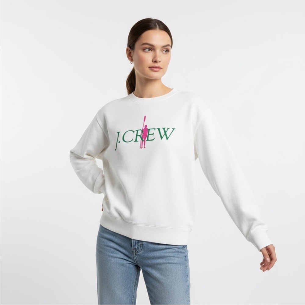 J. Crew White Crewneck with Green and Pink Logo